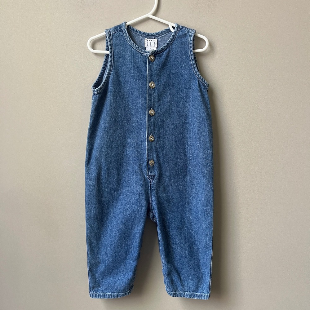 Vintage Baby Gap Overalls Romper Girl's 18-24 Months Blue Denim 100% Cotton 90s